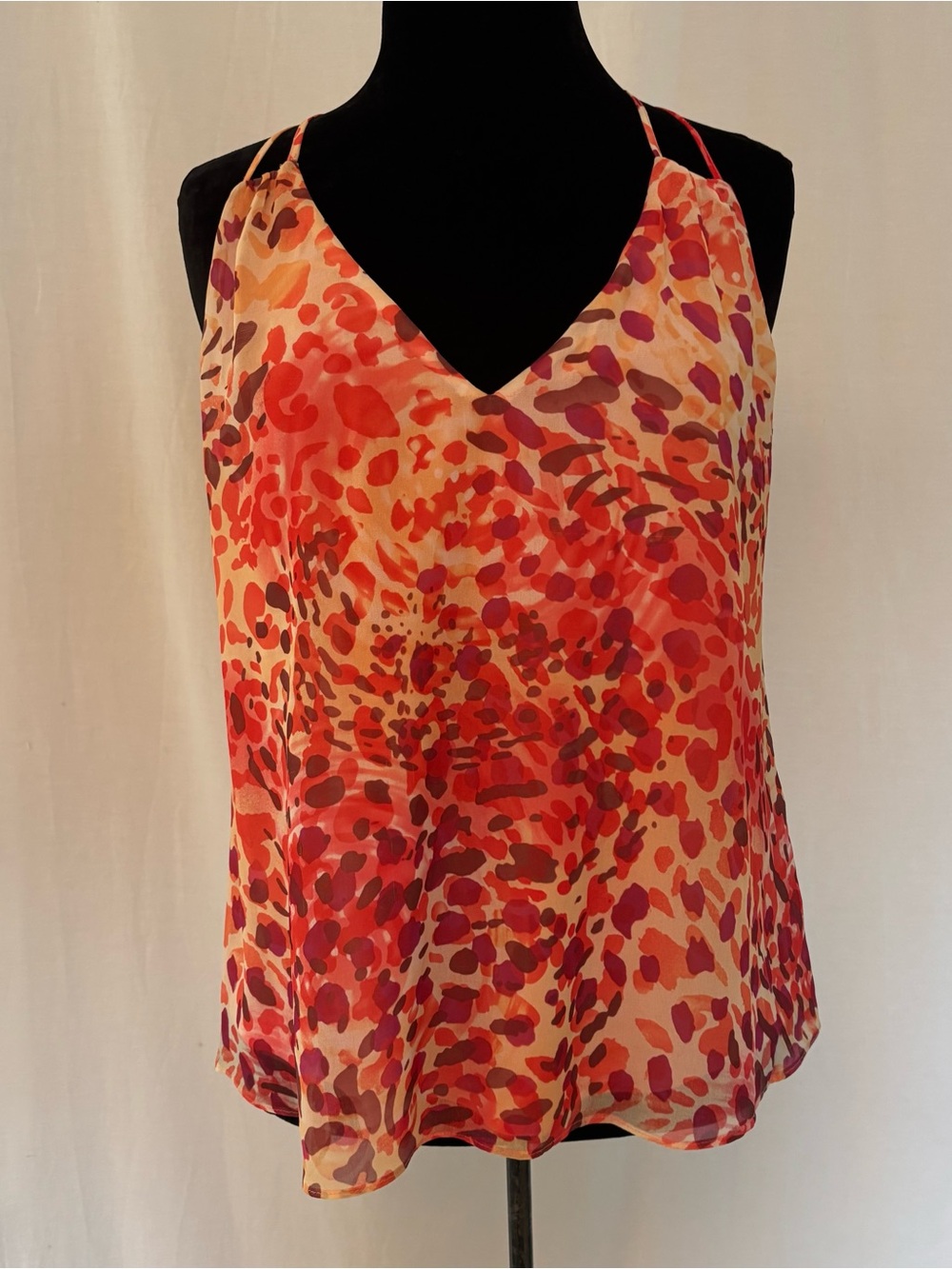 Guess Coral Watercolour Abstract Leopard Print Chiffon Tank Resort Vacation Top